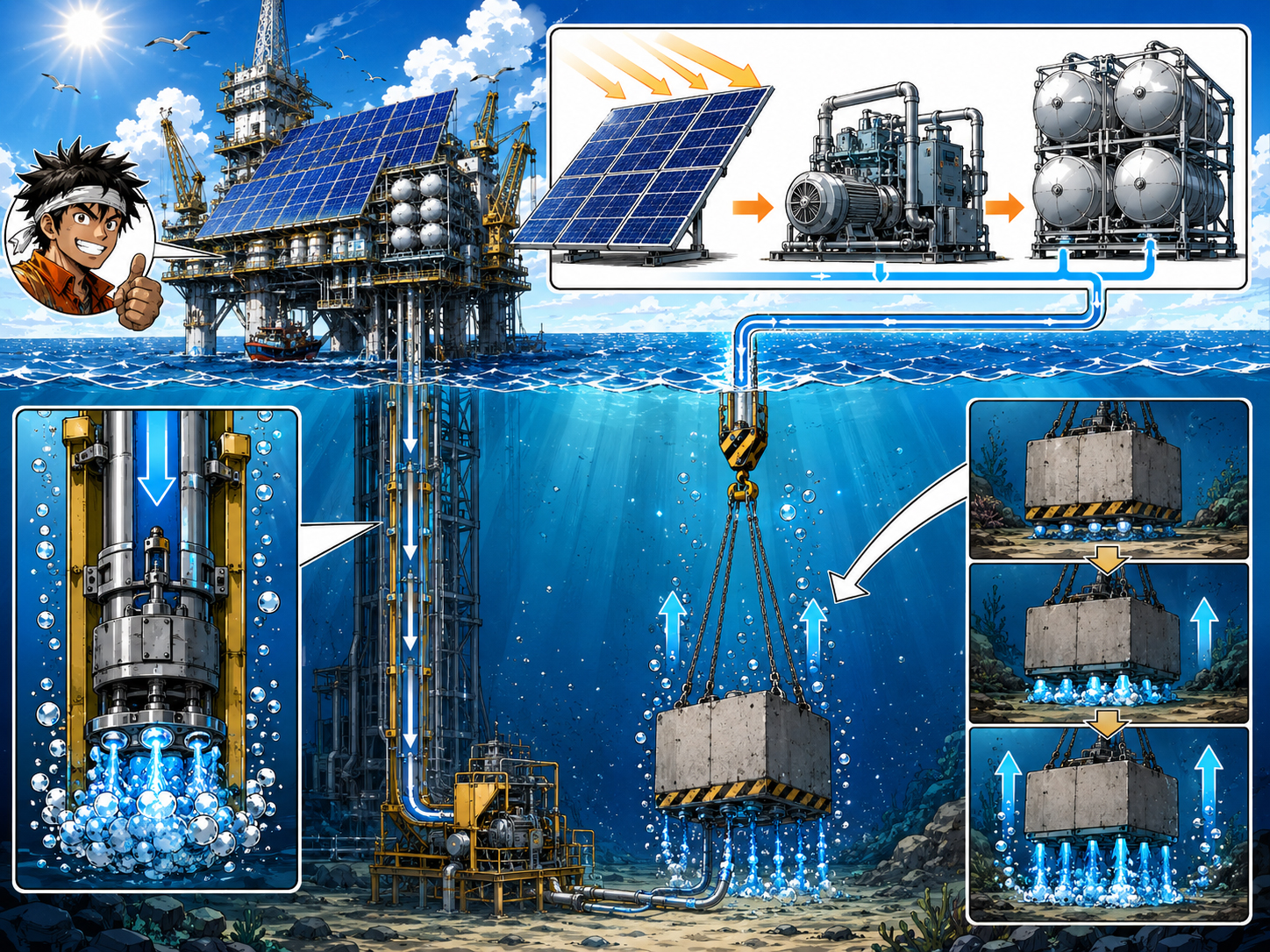 Manga technical diagram of the compressed-air lift system