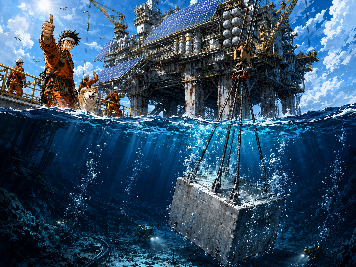 Gravity block lowering toward deep water