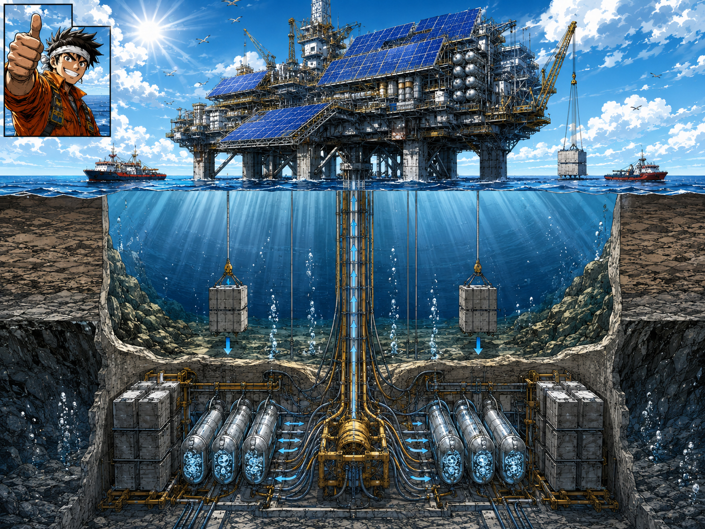 Ocean-floor battery cutaway with underwater equipment
