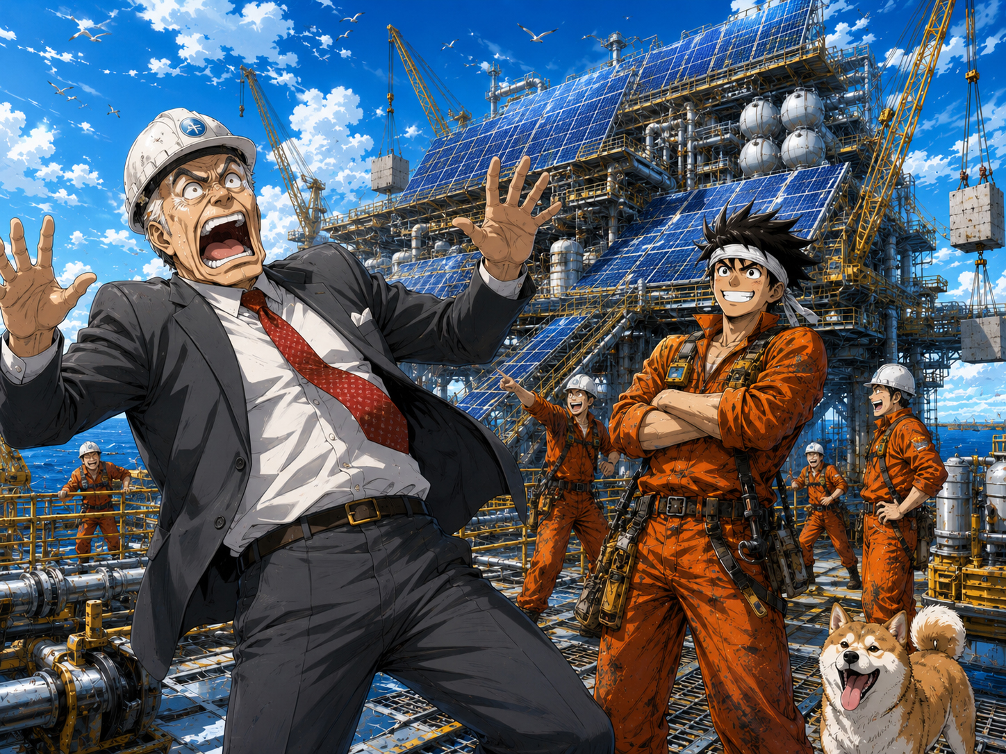 Oil boss panicking on the solar power rig
