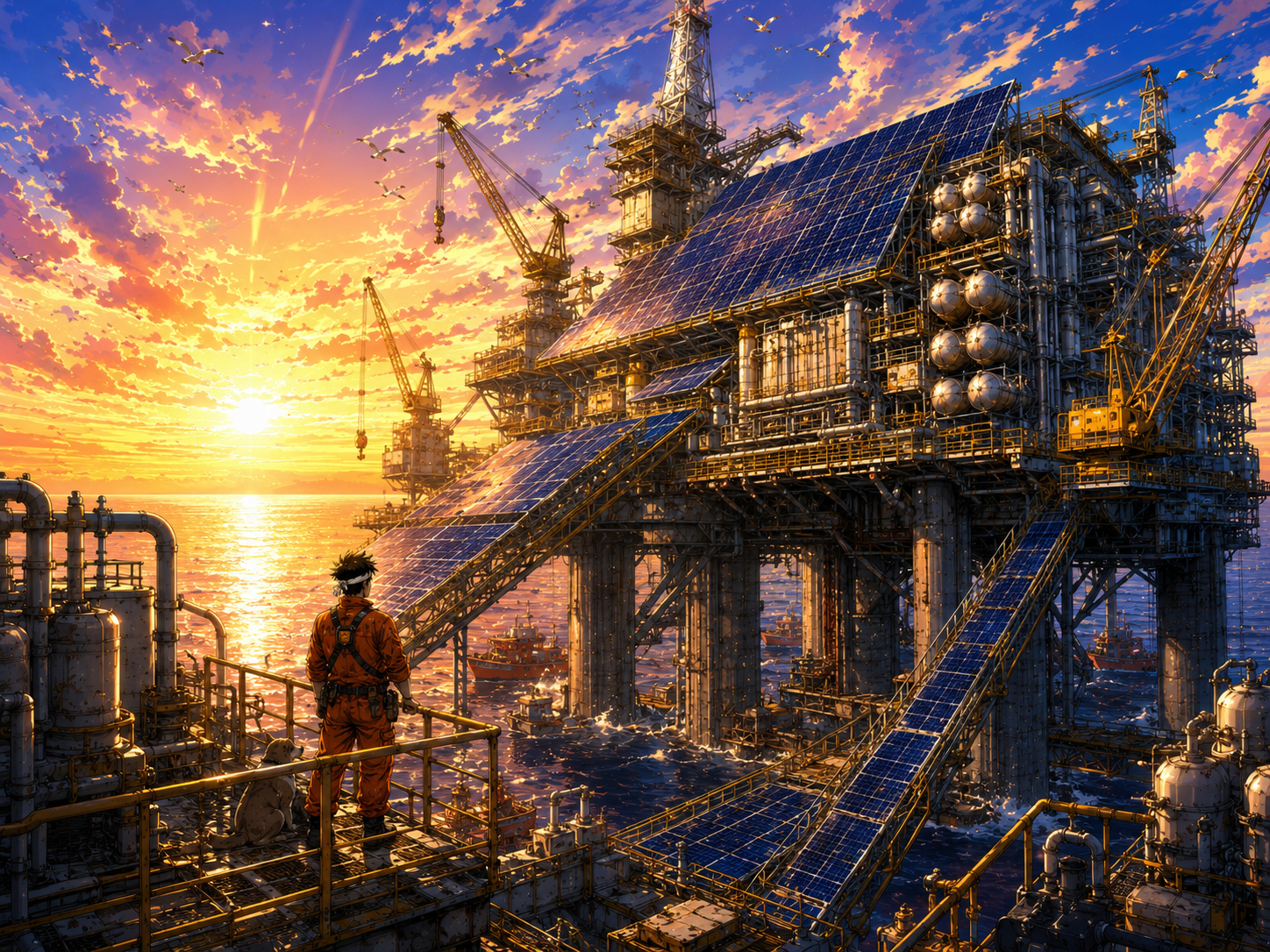 Sunrise over the solar-covered offshore platform